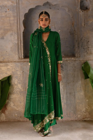 Green cross over kurta set