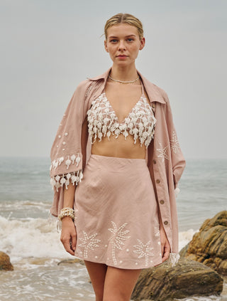 La palm bikini top, shirt and skirt