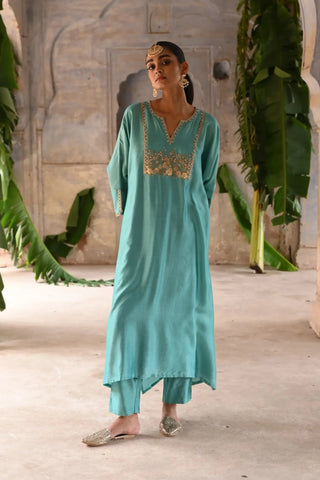 Blue hand embroidered kaftan