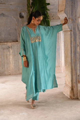 Blue hand embroidered kaftan