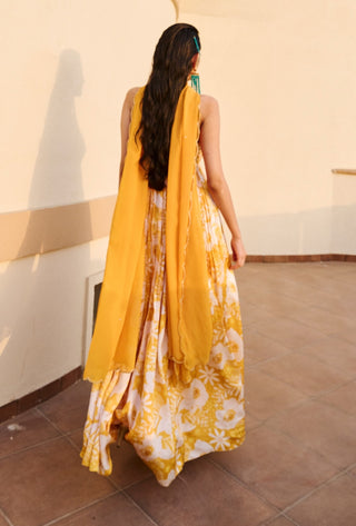 Yellow-white floral print anarkali with dupatta