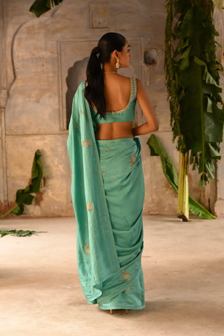 Blue hand embroidered saree with blouse