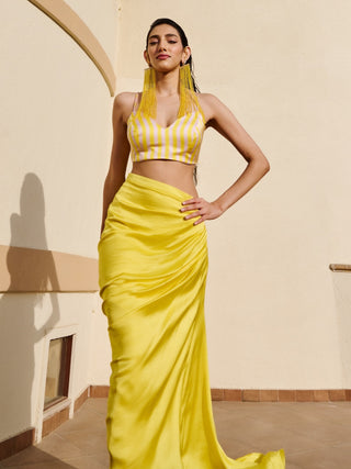 Citrus yellow-white long jacket, bralet and cowl skirt