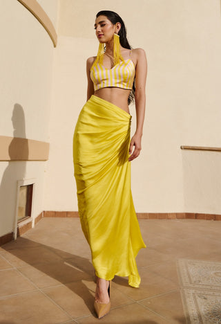 Citrus yellow-white long jacket, bralet and cowl skirt