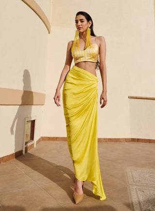 Citrus yellow-white long jacket, bralet and cowl skirt