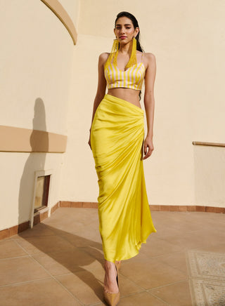 Citrus yellow-white long jacket, bralet and cowl skirt