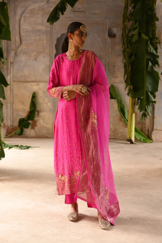 Pink hand embroidered straight kurta set