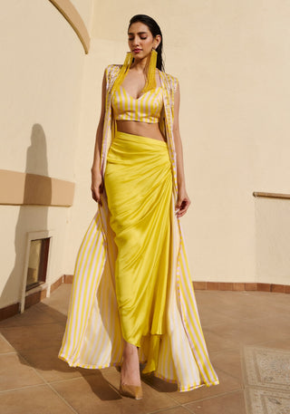 Citrus yellow-white long jacket, bralet and cowl skirt