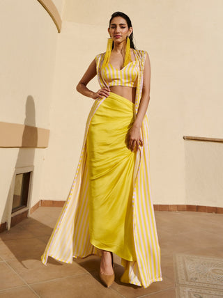 Citrus yellow-white long jacket, bralet and cowl skirt