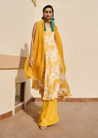 Yellow-white floral anarkali and palazzo set