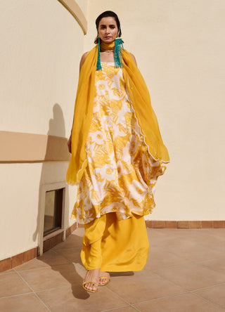 Yellow-white floral anarkali and palazzo set