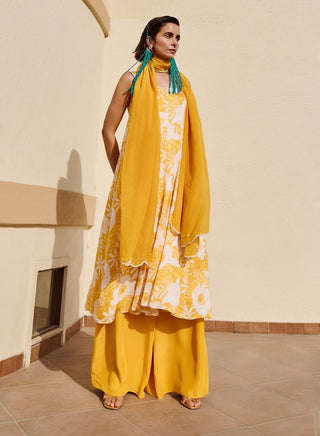 Yellow-white floral anarkali and palazzo set