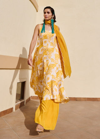 Yellow-white floral anarkali and palazzo set