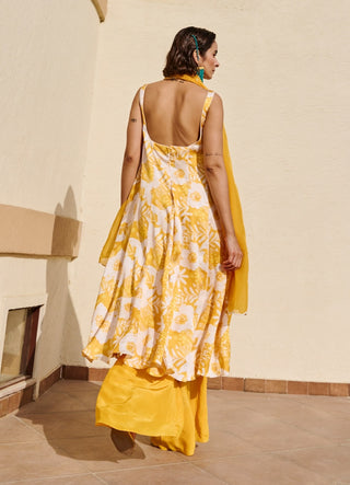 Yellow-white floral anarkali and palazzo set