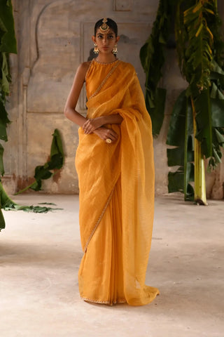 Yellow hand embrodiered saree with blouse