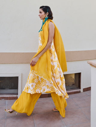 Yellow-white floral anarkali and palazzo set