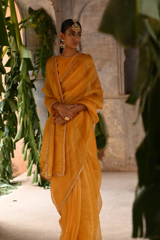 Yellow hand embrodiered saree with blouse