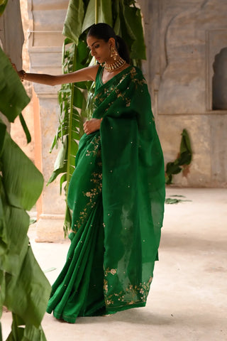 Green half organza and half silk Saree