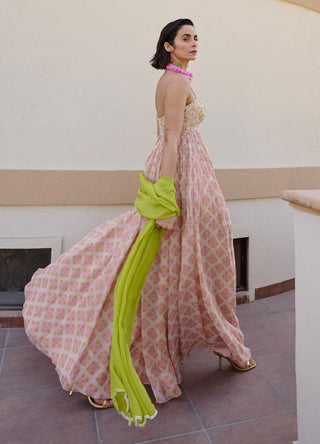 Baby pink lime anarkali with dupatta