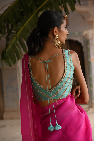 Pink organza saree with blouse