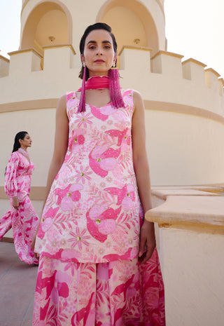 Baby pink-white floral print kurta and palazzo set