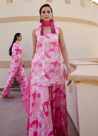 Baby pink-white floral print kurta and palazzo set