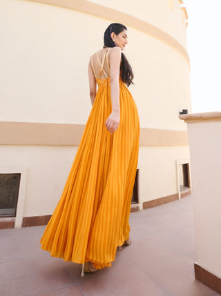 Mustard yellow striped anarkali with dupatta