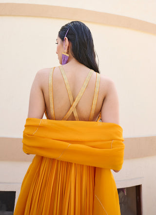 Mustard yellow striped anarkali with dupatta