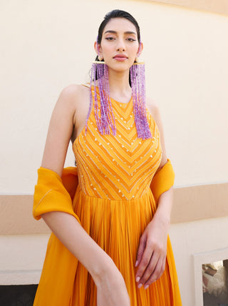 Mustard yellow striped anarkali with dupatta