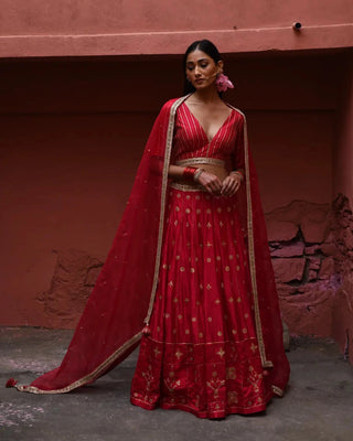 Vermillion hand embroidered lehenga set