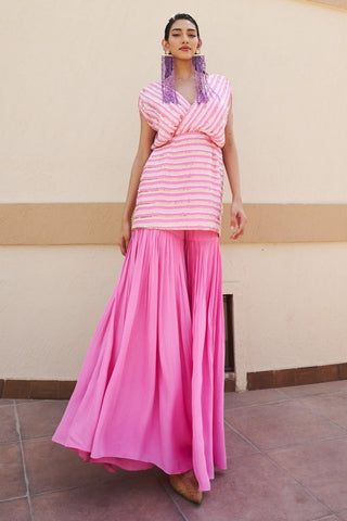 Baby pink-white striped peplum and gharara