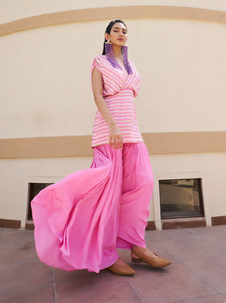 Baby pink-white striped peplum and gharara