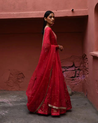 Vermillion hand embroidered lehenga set