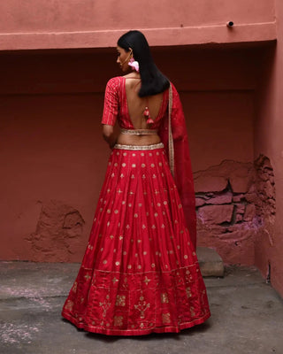 Vermillion hand embroidered lehenga set