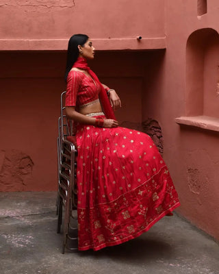 Vermillion hand embroidered lehenga set