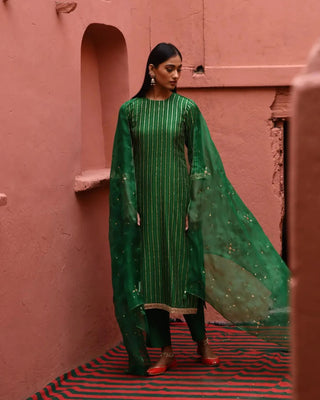 Green striped straight kurta set