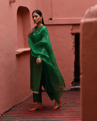 Green striped straight kurta set