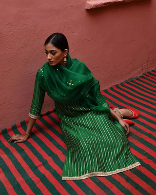 Green striped straight kurta set