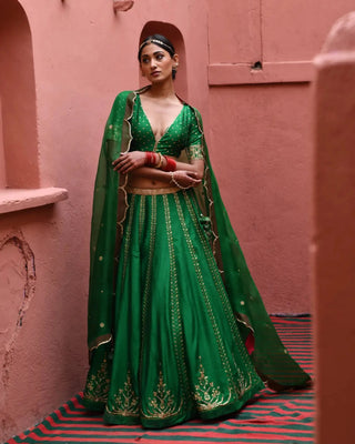 Green hand embroidered lehenga set