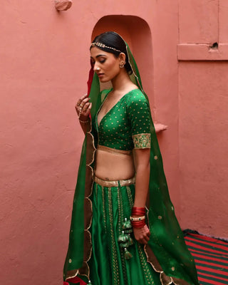 Green hand embroidered lehenga set