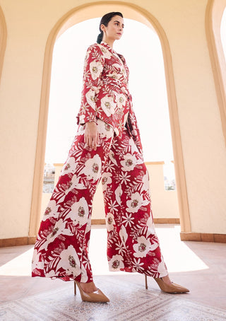 Maroon-white floral printed  jacket with pant