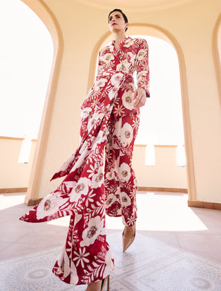 Maroon-white floral printed  jacket with pant