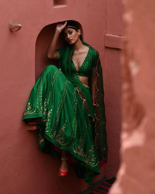 Green hand embroidered lehenga set