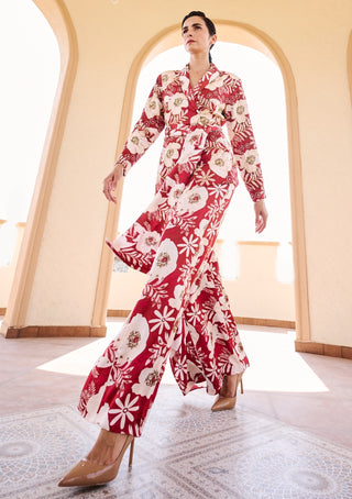 Maroon-white floral printed  jacket with pant