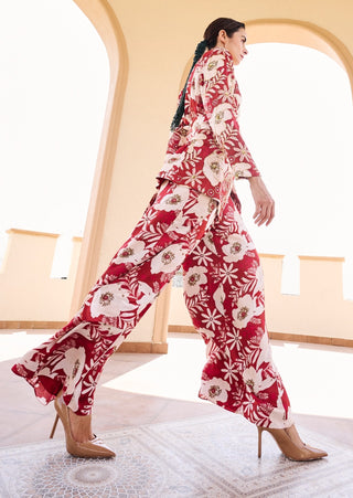 Maroon-white floral printed  jacket with pant