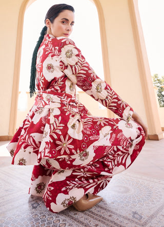 Maroon-white floral printed  jacket with pant