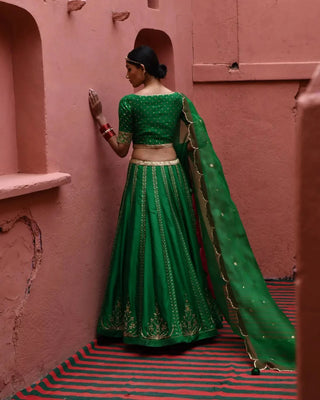 Green hand embroidered lehenga set