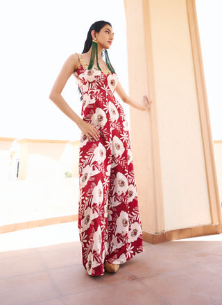 Maroon-white floral printed jumpsuit