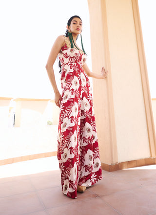 Maroon-white floral printed jumpsuit