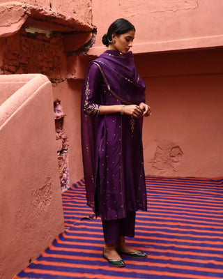 Purple panelled straight kurta set